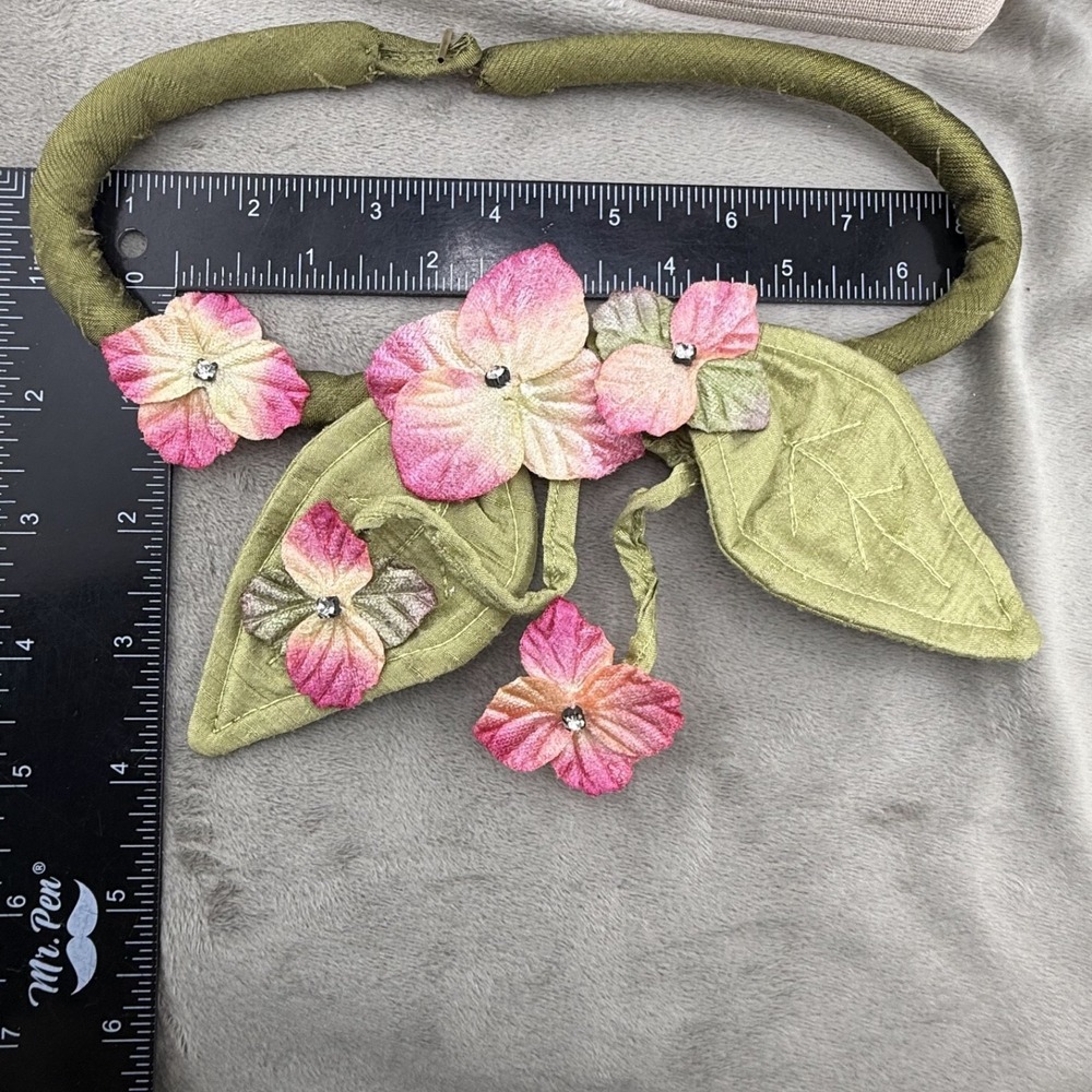 Vintage Necklace‎ Flower Fabric Artisan Statement Spring 18" - Picture 4 of 9